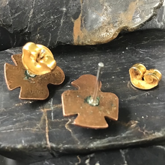 Vintage Copper Turquoise Earrings Thunderbird Southwest Style Pierced - Picture 7 of 12